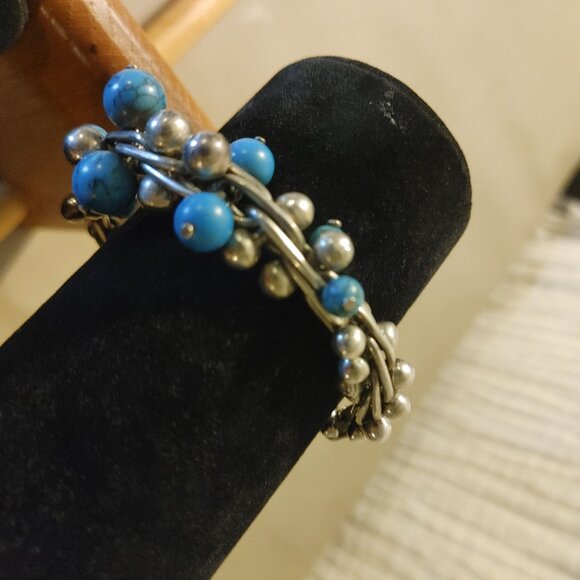 Sterling Silver Bracelet Turquoise Beaded Faux Stone - Picture 3 of 16